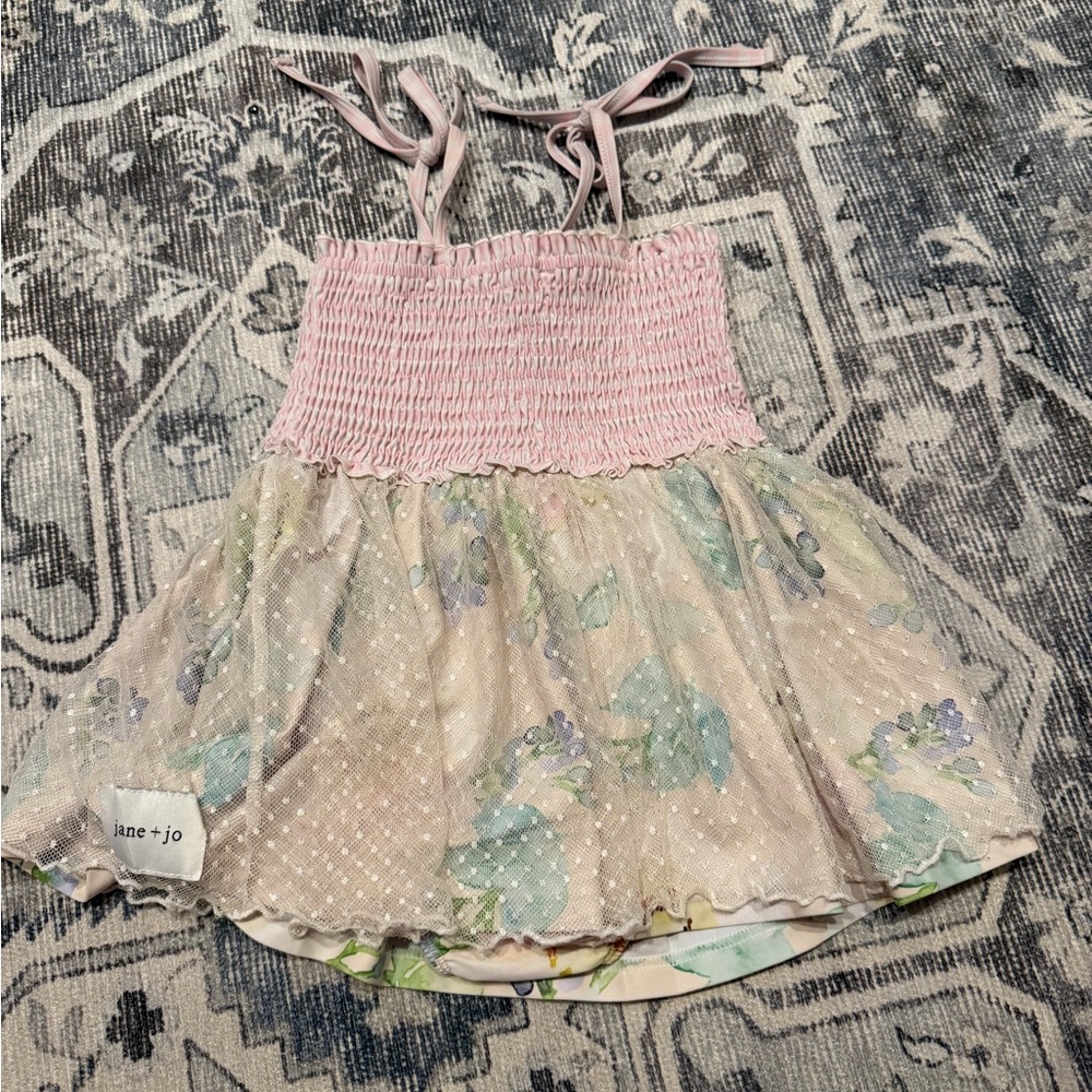 jane + jo Girls' Pink Smocked One-Piece Swim Dress